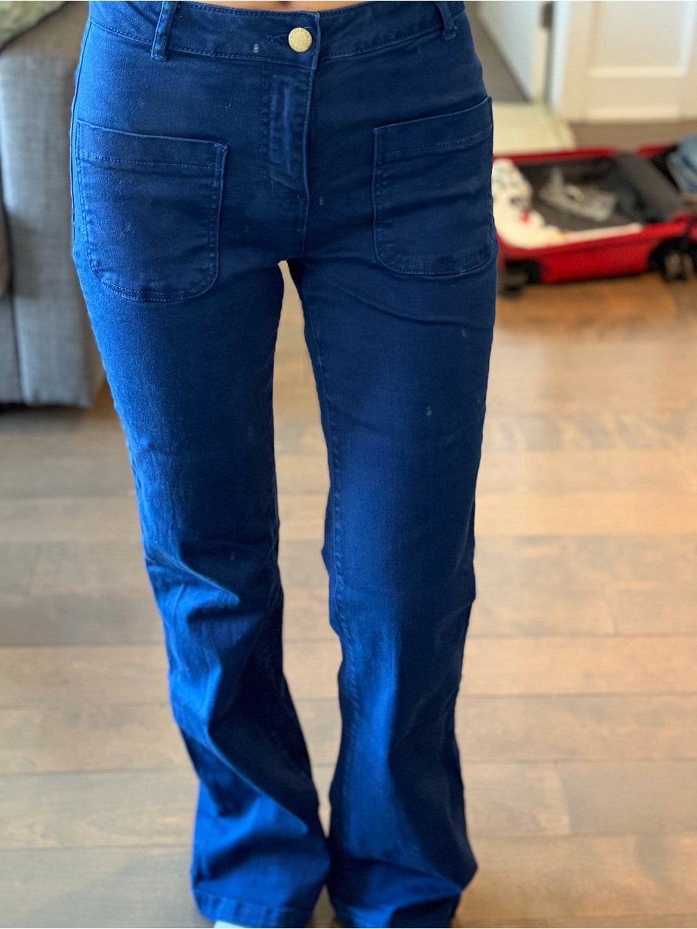 Women's Dark Blue Flare Jeans with Front Patch Pockets